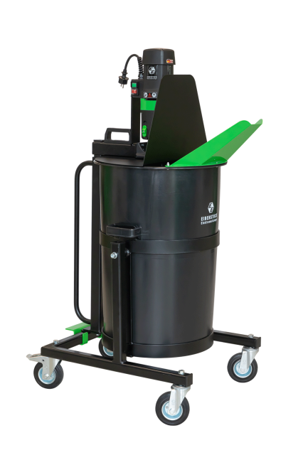 A black industrial leveller mixing station with a green top, mounted on wheels for mobility.