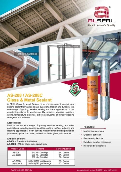 A poster featuring ALSEAL Glass & Metal Sealant, highlighting its use for metal duct, aluminum, glass roofing, and guttering. The text provides details on its properties: neutral cure silicone sealant with superior adhesion and durability for glazing and weather sealing. It lists applications, features like excellent weather resistance and flexibility, bonding capability to various materials, available colors (translucent bronze, white, black, grey), product codes with cartridge sizes. It includes the website www.alseal.com.au.