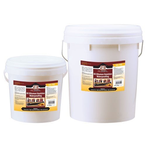 Two white buckets with lids, labeled as AS-700 BX Bitumen Emulsion Waterproofing. The buckets are typically used for food storage and household supplies.